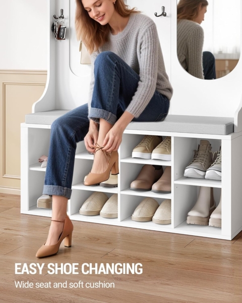 Garderobenständer mit Schuhbank, Garderobe mit Spiegel, Schuhaufbewahrung, 10 Haken, Verstellbare Regalböden, Freistehend, für Eingangsbereich, Flur, 35,5 x 100 x 185 cm, Weiß Bild 7