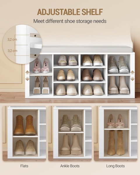 Garderobenständer mit Schuhbank, Garderobe mit Spiegel, Schuhaufbewahrung, 10 Haken, Verstellbare Regalböden, Freistehend, für Eingangsbereich, Flur, 35,5 x 100 x 185 cm, Weiß Bild 5