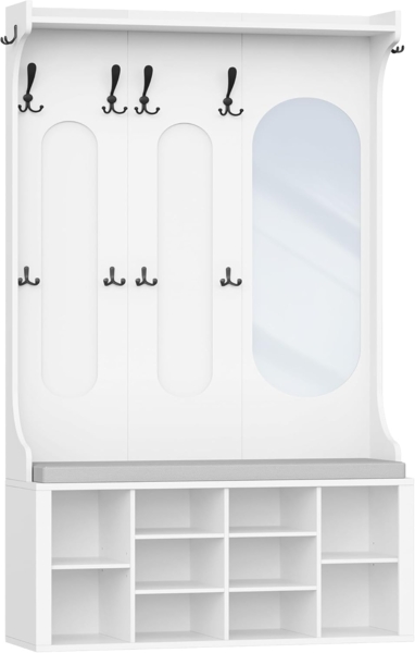 Garderobenständer mit Schuhbank, Garderobe mit Spiegel, Schuhaufbewahrung, 10 Haken, Verstellbare Regalböden, Freistehend, für Eingangsbereich, Flur, 35,5 x 100 x 185 cm, Weiß Bild 2
