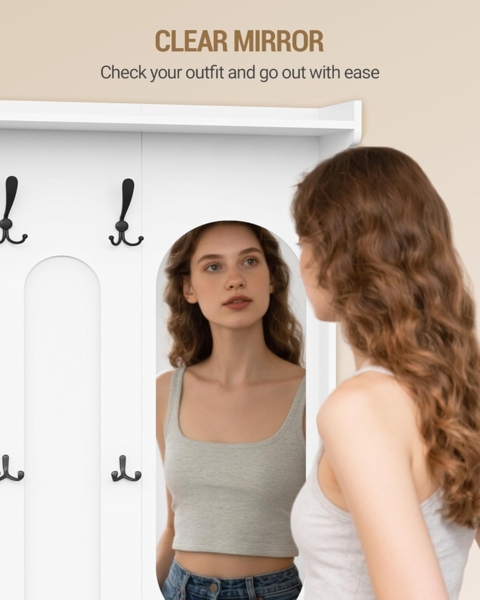 Garderobenständer mit Schuhbank, Garderobe mit Spiegel, Schuhaufbewahrung, 10 Haken, Verstellbare Regalböden, Freistehend, für Eingangsbereich, Flur, 35,5 x 100 x 185 cm, Weiß Bild 3