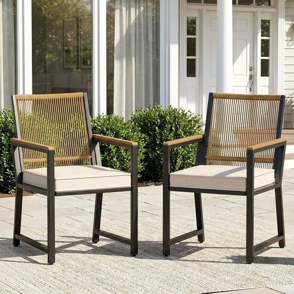 TLGREEN Gartenstuhl Rattan,Wetterfest, Balkonstuhl mit WPC Armlehne, (Outdoor Stuhl mit abnehmbar Kissen, Essstühle aus Metall, 2 St), bis 160 kg belastbar, für Terrasse, Garten, Balkon,Pool