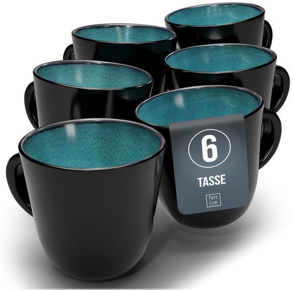 Steingut Kaffeetassen 6 Personen Ibiza TESTSIEGER, Traumhaftes Mediterranes Steingut Tassen Set, Stylisches Tee- und Kaffeebecher Set, Pure Living in Petrol