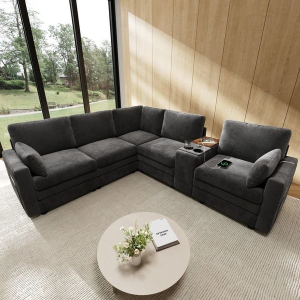 STILVORA Ecksofa 5-Sitzer L-Form Sofa mit Konsole USB Getränkehaltern für Wohnzimmer, modulares Sofa 5-Sitzer wendbare Mittelkonsole, mit USB und Getränkehaltern für Wohn- und Schlafzimmer