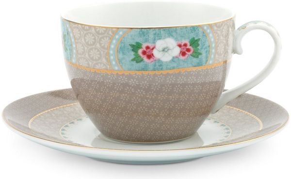 PiP Studio Tasse Blushing Birds Tasse mit Untertasse kahki 0,3l, Porzellan, Cup & Saucer Blushing Birds Khaki 300ml