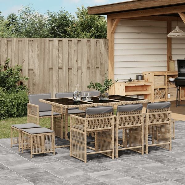 vidaXL 11-tlg. Garten-Essgruppe mit Kissen Beigemischung Poly Rattan 3211692