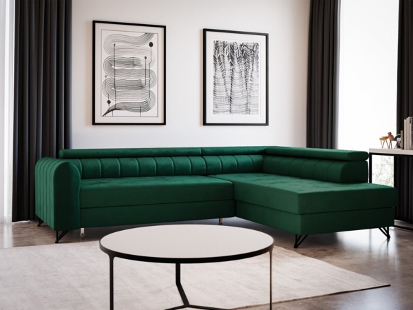 Ecksofa Alice mit Schlaffunktion und Bettkasten, Wohnlandschaft mit einstellbare Kopfstützen, Couch, Sofa, Bettsofa, Schlafsofa (Grün (Kronos 19), Ecksofa Rechts)