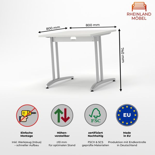 Rheinland Möbel Statio Schreibtisch 80x80 cm höhenverstellbar ±10 mm in Grau – kompakter Bürotisch für Homeoffice & Büro, C-Fuß, Kabelwanne, einfache Montage, FSC® zertifiziert Bild 3