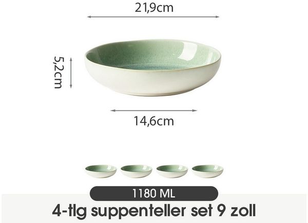 JIWOO Suppenteller 4er Ø21,9cm, Speiseteller Pastateller Salatteller Dessertteller Plate, (4 St), Keramik Hochwertiges Tellerset Grün Mikrowellenofen Spülmaschine