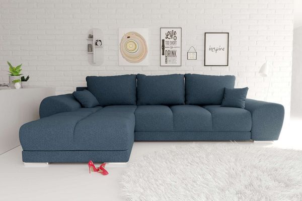 99rooms Antalya Ecksofa Strukturstoff NEVE Dunkelblau Links mit Schlaffunktion