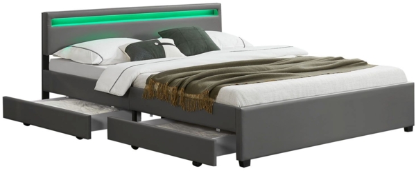 Juskys 'Lyon' Polsterbett mit Schubladen und LED-Beleuchtung, Kunstleder, Grau, 180x200 cm, false