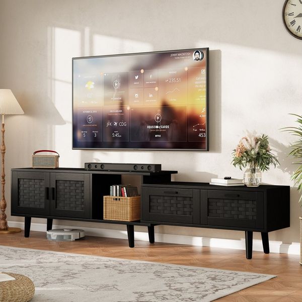 FUROKOY TV-Schrank Lowboard Fernsehtisch Wohnzimmerschrank TV-Ständer mit 2 Schubladen und 2 Türen,Rattantüren,Schwarz