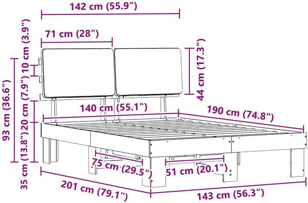 vidaXL Bettgestell mit gepolstertem Kopfteil Schwarz 140 x 190 cm 877356 Bild 11