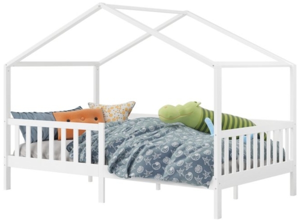 Bellabino 'Bia' Hausbett 120x200 cm mit Matratze, weiß, Kiefer Massivholz, Montessori Kinderbett mit Rausfallschutz und Lattenrost