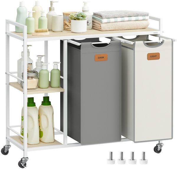 VASAGLE Wäschekorb 2 Fächer, Wäschesammler 100 L, Wäschesortierer, Rollen, Wäschewagen mit Ablagen, Wäschesack, mit abnehmbaren Taschen, 6 Etiketten, naturbeige-taubengrau-cremeweiß