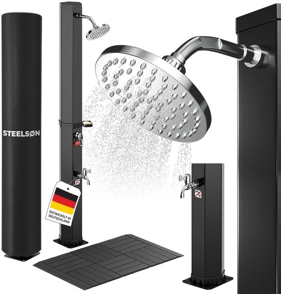 STEELSØN 'Xypher' Solardusche 60L, hexagon, schwarz, warmes Wasser bis 60°C, schwankender Regenduschkopf und Wasserhahn, Gartendusche inkl. Kunststoffboden und Schutzhaube