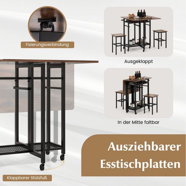 COSTWAY Esstisch, Set 3 teilig mit 2 Hockern, klappbares Bartisch auf Rollen
