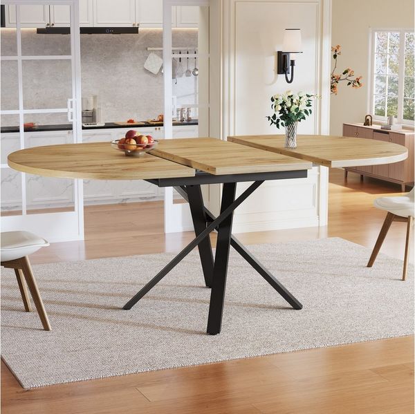 STILVORA Esstisch ausziehbar Rund-Oval Küchentisch mit Verstellbare Füße,in Holz-Optik (Esstisch, ausziehbar, rund-oval, Holzoptik, X-Metallgestell, 100–140 cm, Holzplatte, Metallrahmen, belastbar bis 60 kg), rund-oval wandelbar, Industriestil, verstel...