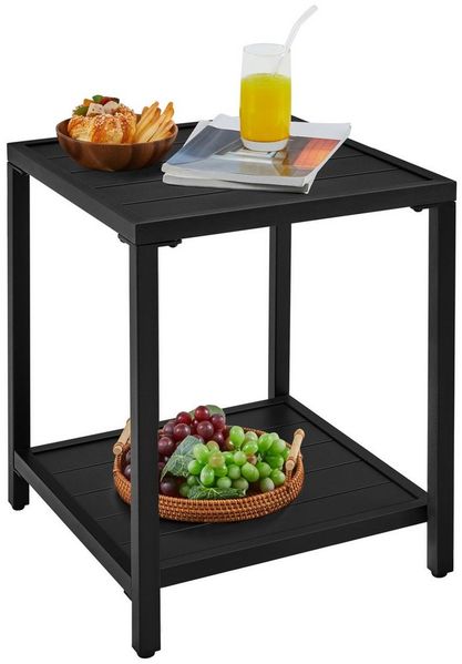 Yaheetech Gartentisch Doppelschichtiger Beistelltisch aus Pulverbeschichtetem Metall, Balkontisch Beistelltisch aus Latten Quadratischer Kaffeetisch