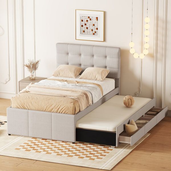 Merax Polsterbett, 90x200cm Familienbett, mit drei Schubladen, ausziehbares Bett, Verstellbares Kopfteil, Beige