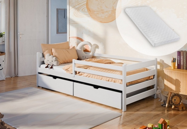 Kids Collective Kinderbett 90x200 cm mit zwei Schubladen, Rausfallschutz und Lattenrost (Kinderbett Doppelbett Funktionsbett), Vollholz massiv in weiss, mit Matratze