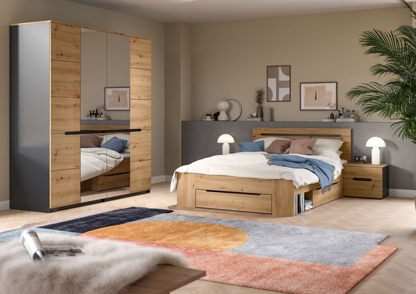 Home affaire Schlafzimmer-Set REHAT, 4-teilig, best. aus: Bett, Kleiderschrank & 2x Nachtkommode, (4-tlg, TOPSELLER!, für Matratzengröße 140x200 cm, viel Stauraum), Rehat, Schlafzimmerset, Bett 140x200 cm, Nachttische, 1 Kleiderschrank
