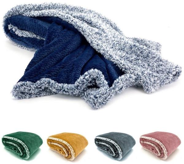 Wohndecke Flauschig warme Kuscheldecke Samt Jaquard Flanell, heimtexland, mit Teddy Plüsch - kuschelig weich - Premium - fusselfrei