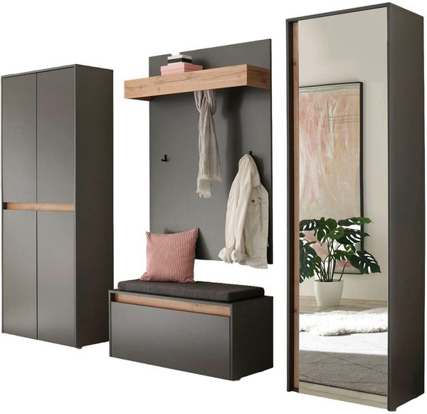Home affaire Garderoben-Set City/Giron, moderne Garderobe, viel Stauraum, ca. 40 Schuhe, (Set, 4-St), enthält Schrank mit Spiegel, Schuhschrank, Paneel &Bank inkl. Kissen