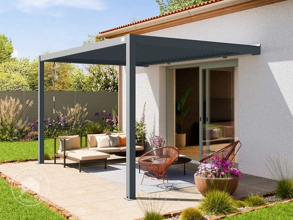 PRIMEYARD Terrassenüberdachung 3x4 m Aluminium-Pfosten mit Lamellendach aus Stahl anthrazitfarbene Anbau-Pergola