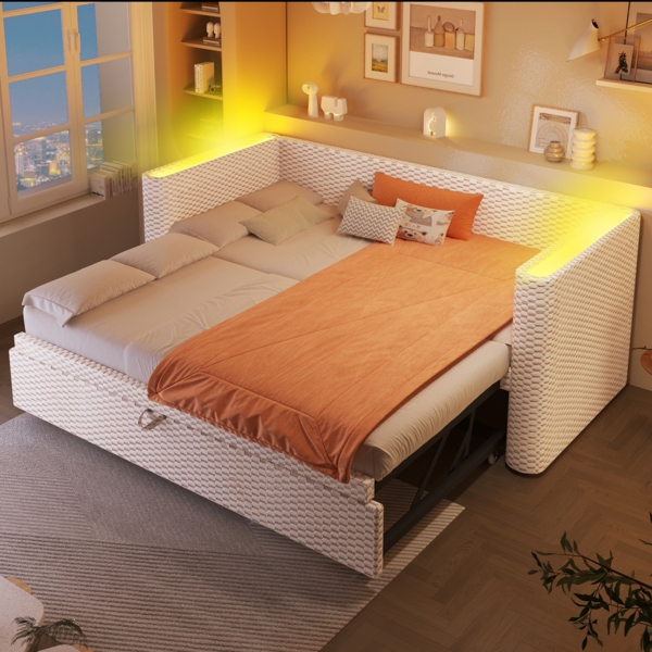 Merax Einzelbett 90 × 200 cm/180 × 200 cm, Polsterbett, Tagesbett, Daybett, Schlafsofa, multifunktionales Ausziehbett-Design mit LED-Lichtleiste, Samt, beige