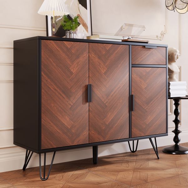 Sideboard B 90 x T 30 x H 71,5 cm aus MDF/Spanplatte, Schwarz & Holzoptik, mit Schublade