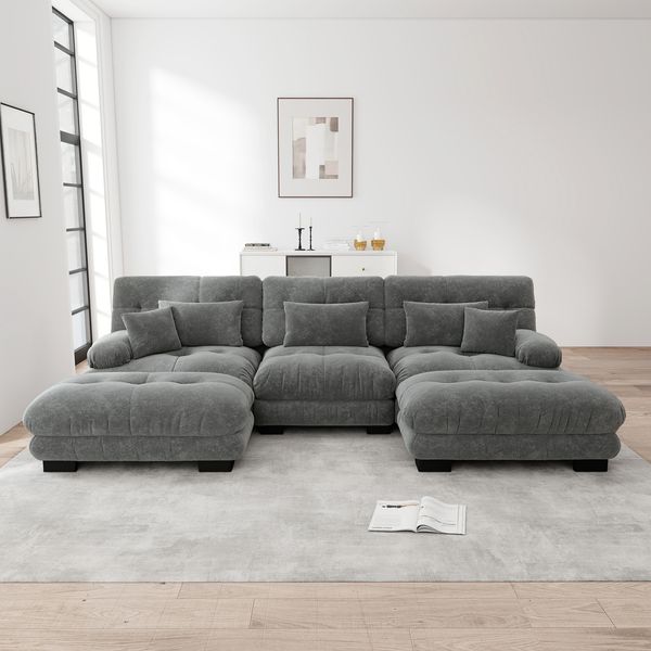 3-Sitzer-Sofa 313×145×81 cm aus Samt modular mit 2 Ottomanen, grau