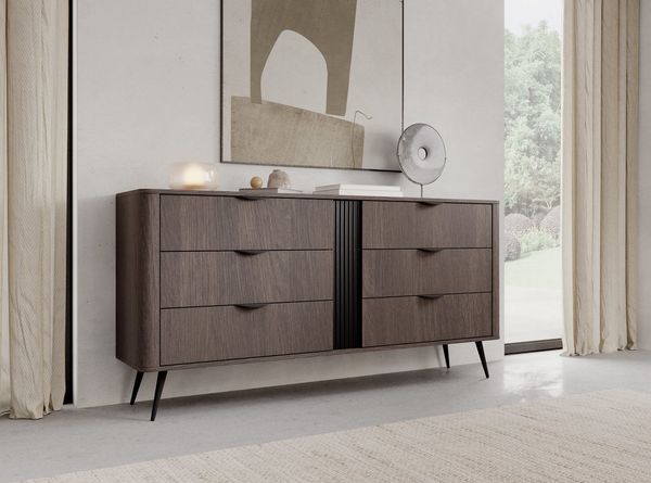 MOEBLO Kommode LARON 163 6s (Eiche Dunin, Schwarz – Großzügige 6-Schubladen-Kommode mit Metallfüßen und geriffeltem Frontdetail, Sideboard Wohnzimmer Kommode Schlafzimmer Komodenschrank Highboard), (BxHxT): 163,2 x 81,2 x 38 cm