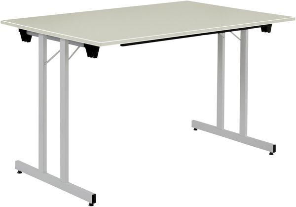 Bisley Klapptisch, rechteckig, mit Einrastfunktion/Verstellsperre, Gestell aus Stahl, pulverbeschichtet, Farbe: 300 aluminium; Tischplatte 19 mm, melaminharzbeschichtet, hochabriebsfest, Dekor: G grau; Maße: H 740 x B 1400 x T 700 mm
