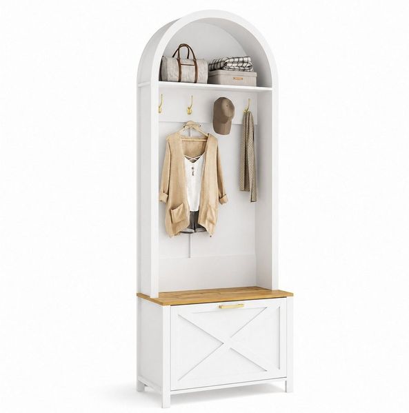 Yorbay Garderobe mit Schuhschrank & Hakenleiste, Moderner Hall Tree für den Flur (195 x 75 x 35 cm), Kompakter Garderobenschrank mit Ablage
