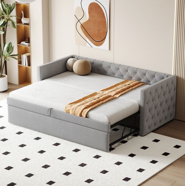 Schlafsofa 90x200 cm mit Lattenrost – ausziehbares Polsterbett aus Samt in Hellgrau