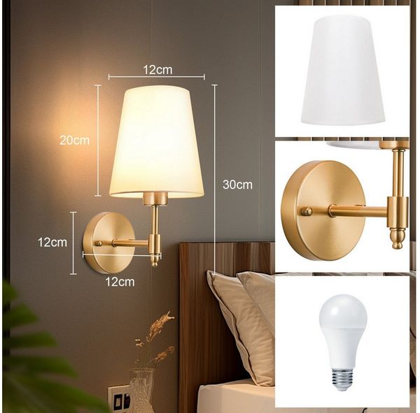 MUPOO Wandleuchte Kabellose Gold Wandleuchten mit Weißem Stoffschirm & 1 Glühbirnen, LED wechselbar, Stoff Wandbeleuchtung für innen,für Badezimmer,Flur,Wohnzimmer