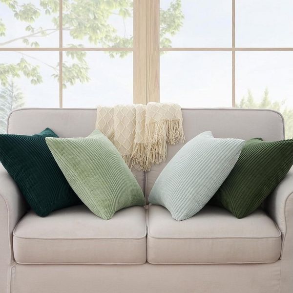 Topfinel Kissenbezüge 4er Set Kordsamt, flauschig Farbverlauf, Gestreift, kissenhüllen 60x60 dekokissen Hellgrün sofakissenbezug couchkissen