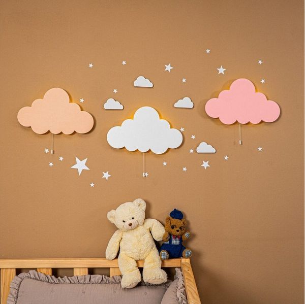 COZYCOLLECTIONS LED Wandleuchte Handbemalte LED-Wandleuchte Wolke in Holzoptik, LED, Warmweiß, 3er-Wolken-Set, MDF, CE-LED, 9V, Zugschalter, 39×24 cm