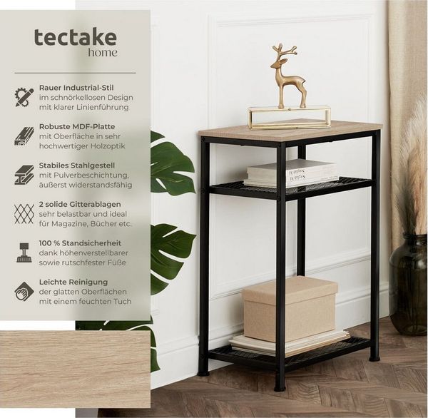 tectake 800916 Beistelltisch aus Holz und Metall, Industrie-Design, Couchtisch mit 3 Ebenen, Davon 2 Gitterablagen, schwarzes Metallgestell (Hellbraun | Nr. 404205)