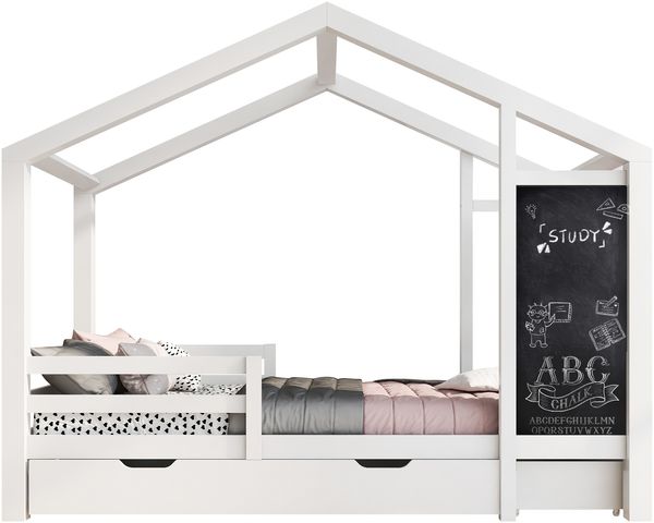 Kinder Hausbett 90x200 cm aus massivem Kiefernholz, mit Maltafel, 2 Stauboxen, dreiseitigem Schutzzaun & Lattenrost, Weiß ohne Matratze