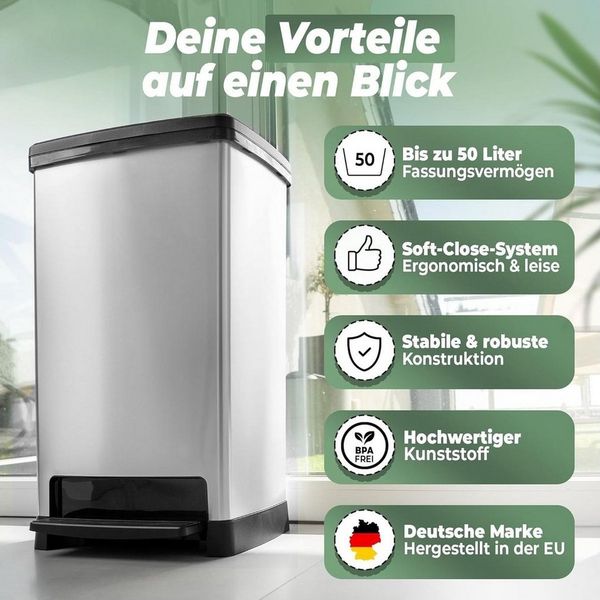 Novaliv Mülleimer 31169-1x, Novaliv Großer Mülleimer mit Deckel - 50L Tretmülleimer mit Soft-Close
