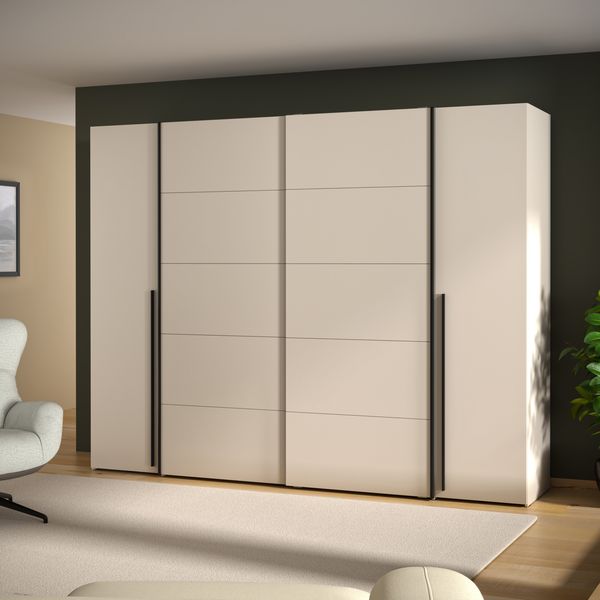 Forte NARAGO Kleiderschrank 270, moderner Dreh-/Schwebetürenschrank, 4-türig, Holzwerkstoff, Kaschmir|Beige, 270,3 cm breit x 210,5 cm hoch x 61,2 cm tief