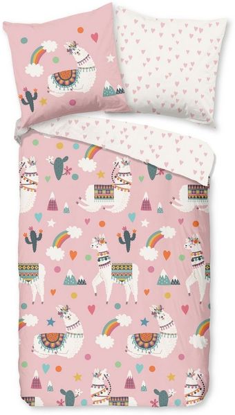 PURE luxury collection Kinderbettwäsche Paca, Microfaser, 2 teilig, Mikrofaser, 135x200, Pflegeleicht, Mädchen, Lama, Alpaka, Regenbogen