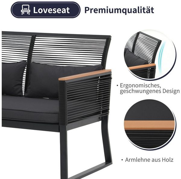 JOIVI Gartenbank 2er Gartenloveseat (Terrasse Sitzbank bis zu 160 kg, Gartenbank mit Sitzkissen&Rückkissen), Balkonbank für Balkon, Garten, Terrasse, Hinterhof, Schwarz