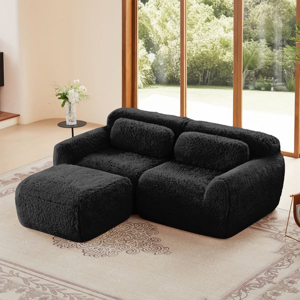 Modulares Cloud Sofa Plüsch, boneless Design,32D Schaumstoff,flexibel U/L-Form, mit Ottoman,kein Aufbau,ultra weich,Schwarz