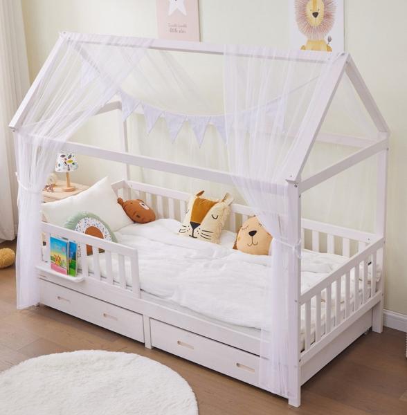 Alavya Home® Hausbett BUCHE CLOUD I KOMPLETT SET mit 2 Schubkästen (Kinderbett 80x160 cm mit Schublade inkl. Deko Weiß und Matratze), Aus massivem Buchenholz