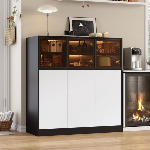 Merax Sideboard Kommode mit LED-Beleuchtung, 3 Glastüren, 3 Tür (1 St, für Wohnzimmer, Küche, Esszimmer), Aufbewahrungsschrank 100×40×105 cm