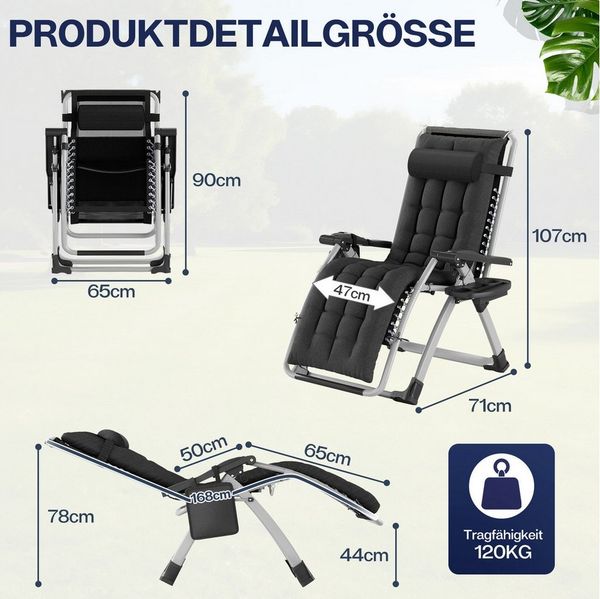 Huracan Gartenliege Sonnenliege Klappbar, Gartenliege Wetterfest mit Ergonomisches Polster, 1 St, Strandliege Verstellbare Rückenlehne, Liegestuhl Garten mit Nackenkissen Getränkehalter Seitentasche
