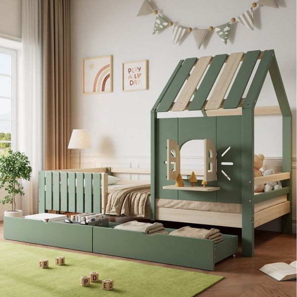 Flieks Kinderbett, Hausbett Einzelbett 90x200cm mit Dach und Fenster mit 2 Schubladen
