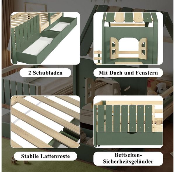 Flieks Kinderbett, Hausbett Einzelbett 90x200cm mit Dach und Fenster mit 2 Schubladen Bild 4
